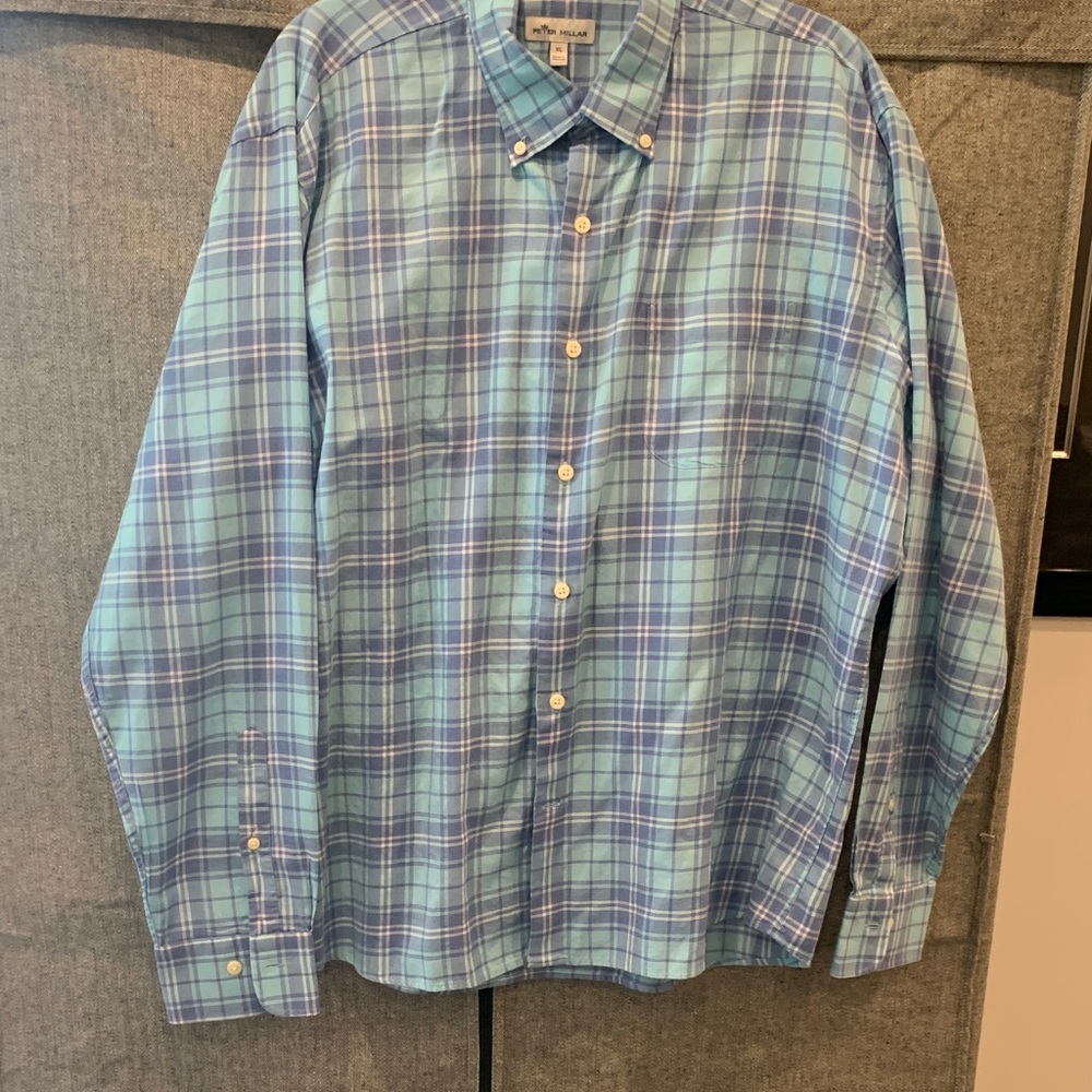 Peter Millar Button-Down Plaid Men's Shirt - Blue/Turquoise  XL